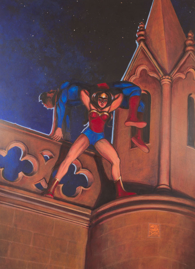 WonderWoman terrassant Superman sur les hauteurs de la cathédrale de Lausanne. Acrylique sur papier marouflé. 50x69cm