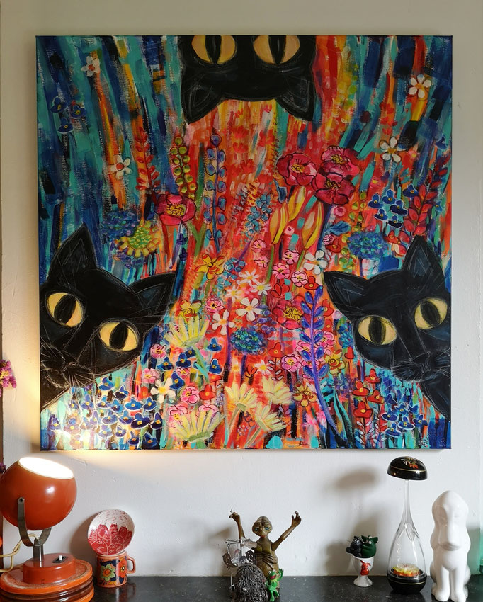 Trois chats, des fleurs - acrylique sur toile 90x90cm,