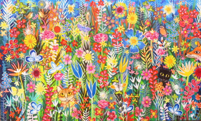 fleurs et ses habitants 9, acrylique sur toile 60x100cm