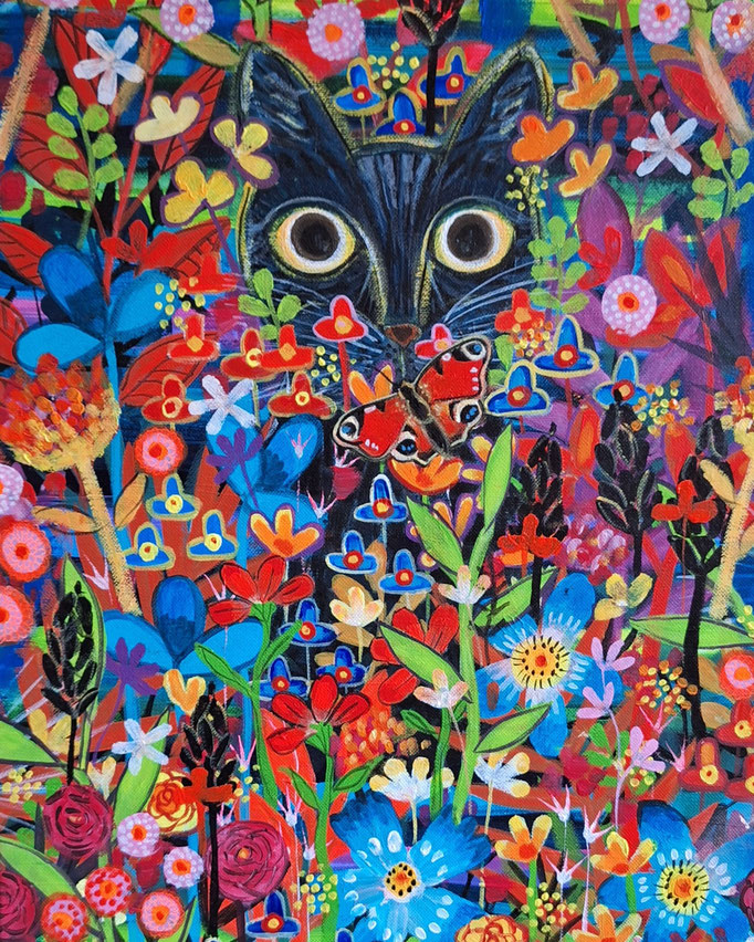fleurs , chat, papillon. 38x55cm, acrylique sur toile