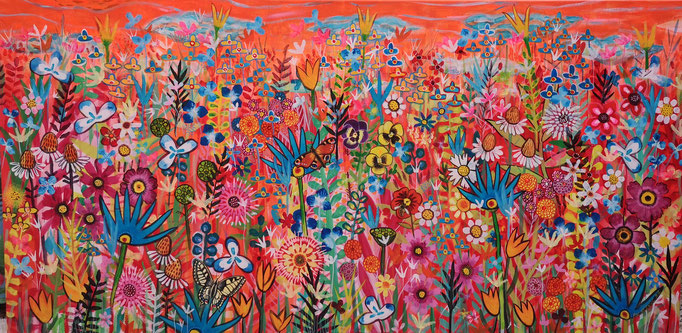fleurs et ses habitants 10, acrylique sur toile, 60x120cm