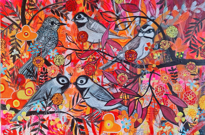 oiseaux, fleurs, arbres, acrylique sur toile, 54x81cm