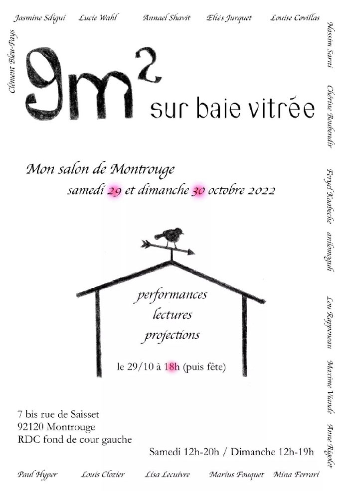 29-30/10/2022, exposition "9m² sur baie vitrée / Mon salon de Montrouge" organisée par Paul Hyper, dans son appartement, visible par la fenêtre uniquement, Montrouge