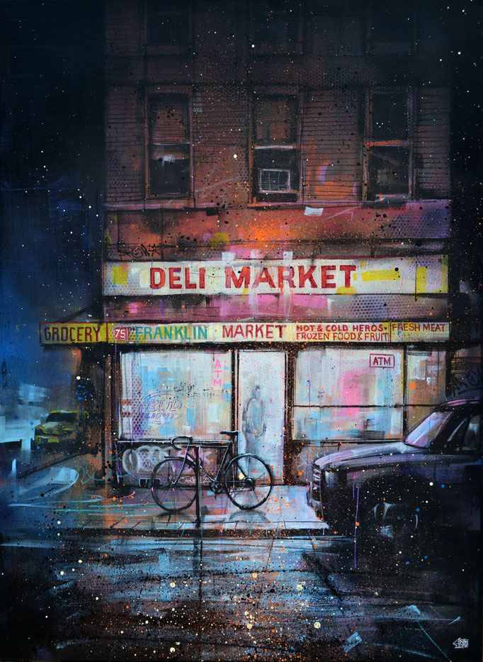 <b>NIGHT DELI MARKET</b><br>100 x 73 cm<br><a style="color:#db6464;">Vendu</br></a><alt="art facades newyork nuit night nocturne light shopfront store front storefront urbain streetart illustration building rue usa peinture tableau deco moderne">