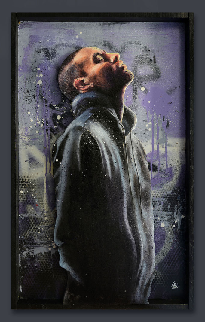 <b>INSTANT SUSPENDU</b><br>83 x 52 cm<br><a href="https://www.graffmatt.com/contact/mail-tableau" ; style="color:#49bfc0;" target="_blank">Disponible</b><alt="tableau portrait homme nuit de rue cité art urbain scène urbaine graffmatt œuvre volume">