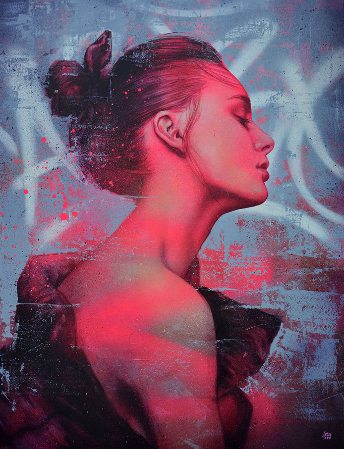 <b>CAUGHT IN THE FIRE</b><br>116 x 89 cm<br><a style="color:#db6464;">Vendu</a><alt="art contemporain urbain portrait femme streetart artiste peintre chambéry">