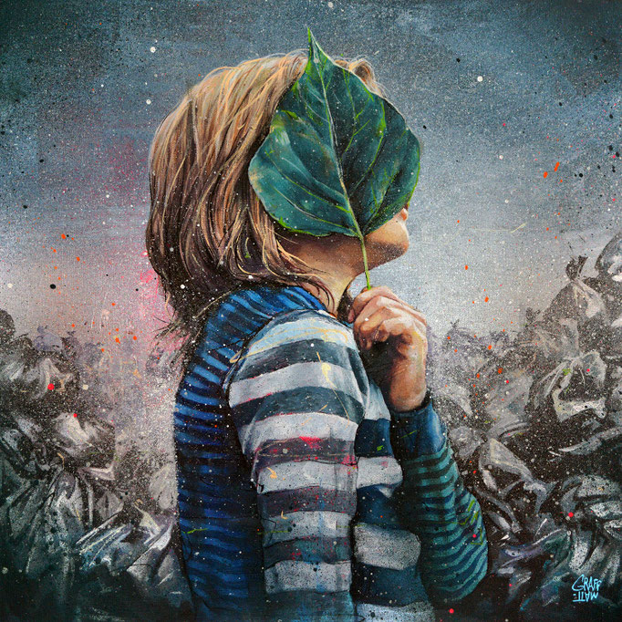 <b>L'APPEL DE LA FORÊT</b><br>50 x 50 cm<br><a style="color:#db6464;">Vendu</a><alt="Enfant feuille décharge sauvage nature pollution réalisme graffiti écologie contraste portrait environnement déni climat changement peinture engagée street art">