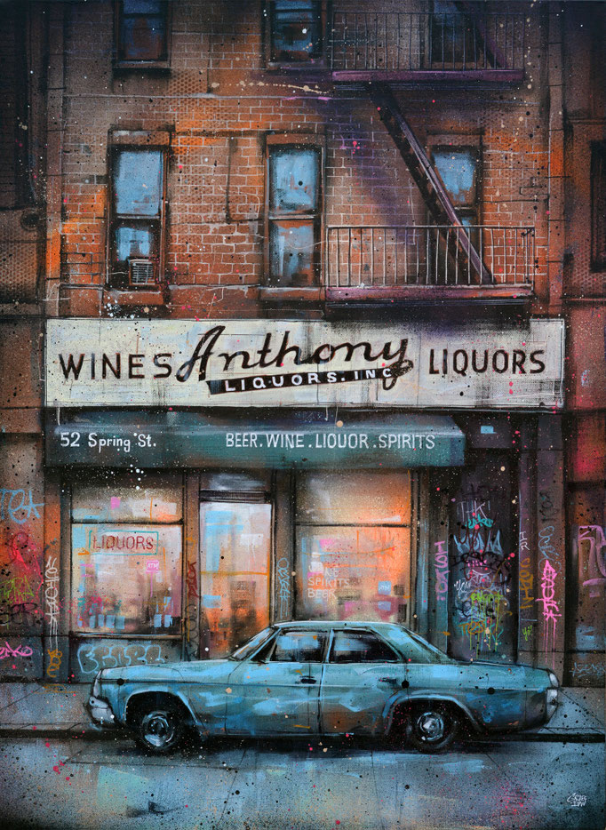 art peinture toile tableau rue urbain new-york city facade brick wall vintage urban art old car frontstore frontshop front store front shop color new york