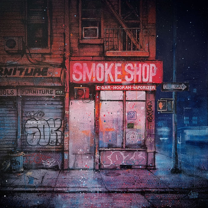 street-art graffiti artiste tableau peinture new-york city storefront night nuit street art urbain scène urbaine graffiti graffmatt achat toile