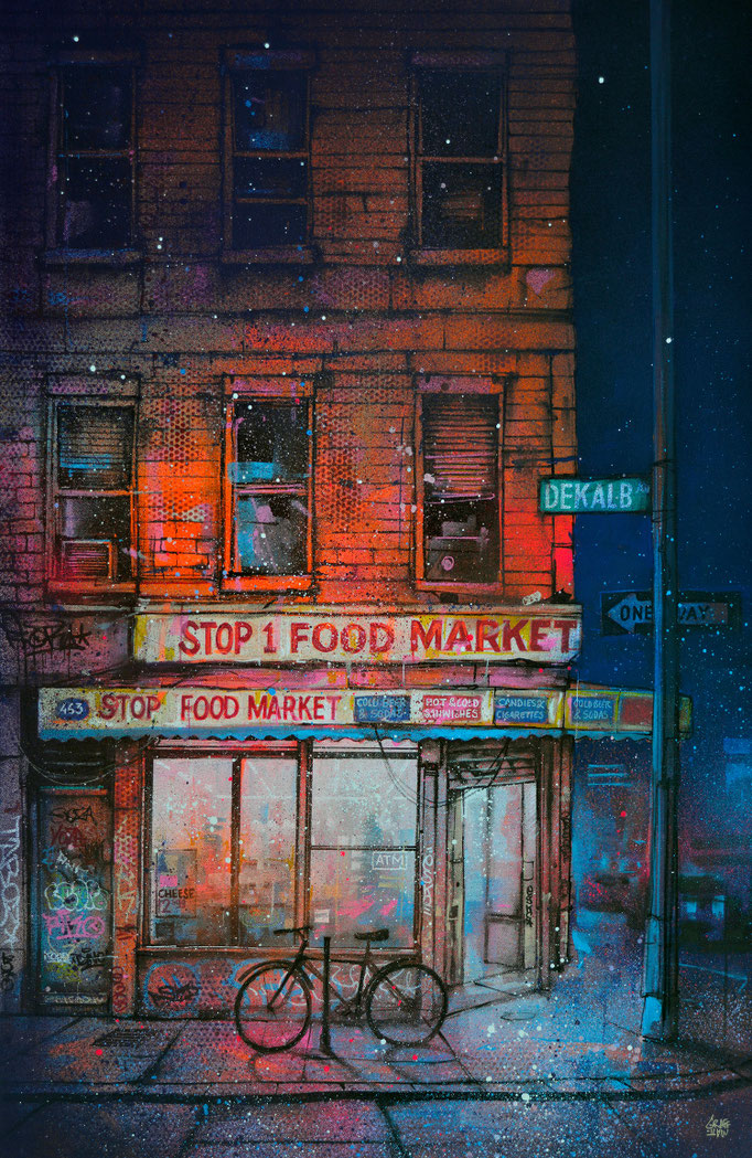 tableau peinture art contemporain urbain new-york façade storefront frontstore night nocturne nuit devanture magasin ville streetart painting drawing graffmatt