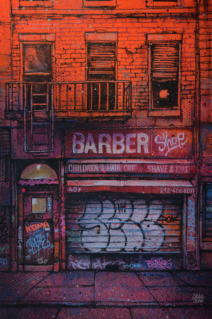 tableau art contemporain urbain devanture tagué ville peinture urbaine scène urbaine urban street scene graffiti artist artiste peintre muraliste chambéry savoie