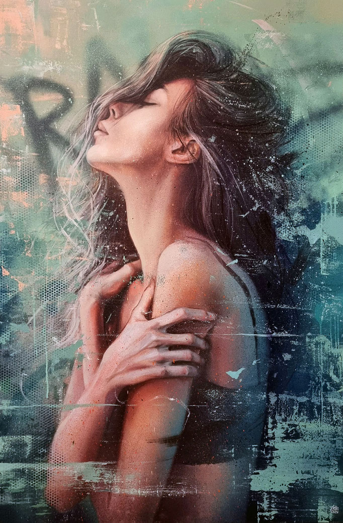 <b>FEELINGS</b><br>150 x 100 cm<br><a href="https://www.graffmatt.com/contact/mail-tableau" ; style="color:#49bfc0;" target="_blank">Disponible</a><alt="tableau grand format portrait femme sensuelle art urbain streetart graffmatt">