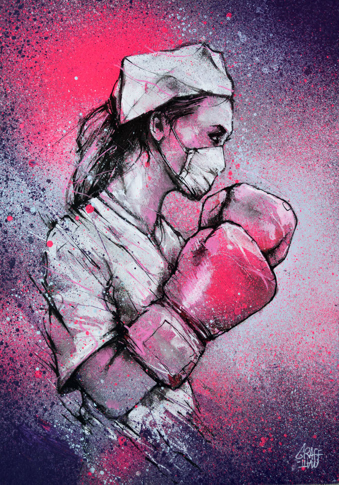 art dessin infirmière soignante gants boxe combat coronavirus covid 19