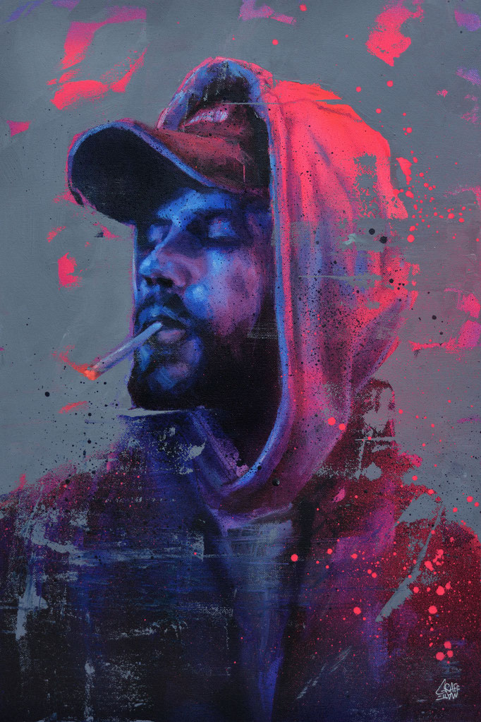 street-art graffiti artiste tableau peinture homme capuche fume une cigarette street art urbain scène urbaine graffiti graffmatt tableau d'art contemporain urbain