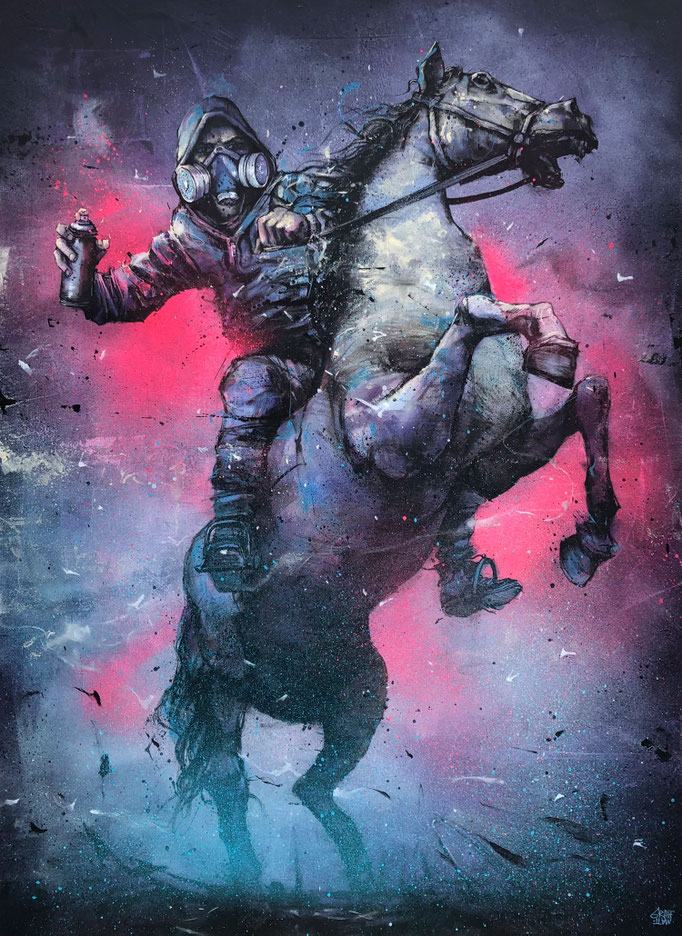 art tableau peinture cavalier à cheval vandal graffiti avec masque guerre peinture engagée par GRAFFMATT artiste peintre urbain chambéry savoie france