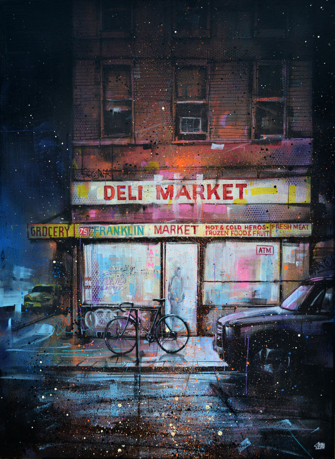 art facades newyork nuit night nocturne light shopfront store front storefront urbain streetart illustration building rue usa peinture tableau deco moderne