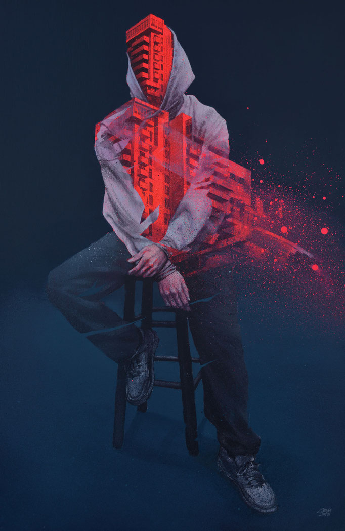 SurrealArt Cyberpunk Art Urban Surrealism Concept Art Abstract Portrait Futuristic Dark Art Red And Blue Creative Concept Modern Art Glitch Art Double Exposure graffmatt painting man portrait architecture city streetwear streetart graffiti art urbain
