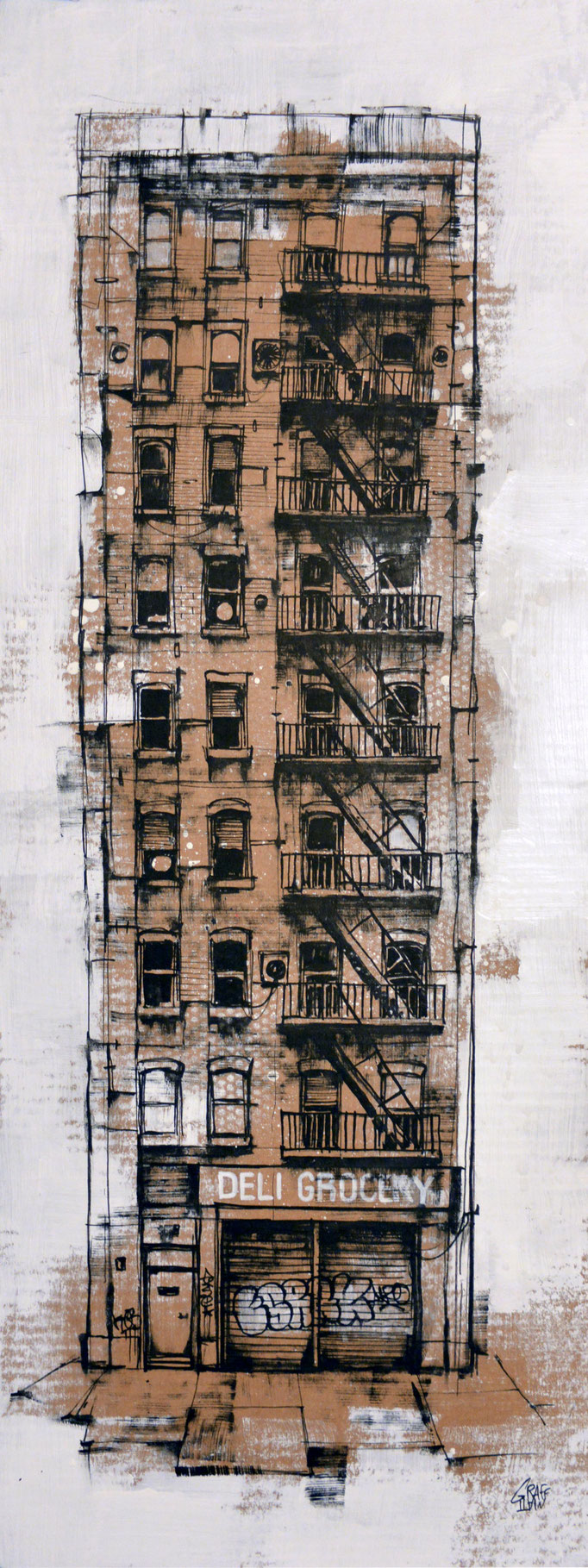 <b>DELI GROCERY</b><br>80 x 30 cm<br><a style="color:#db6464;">Vendu</br></a> <alt="art peinture ville newyork facade urbaine immeuble new-york city dessin rue urban art urban scene">