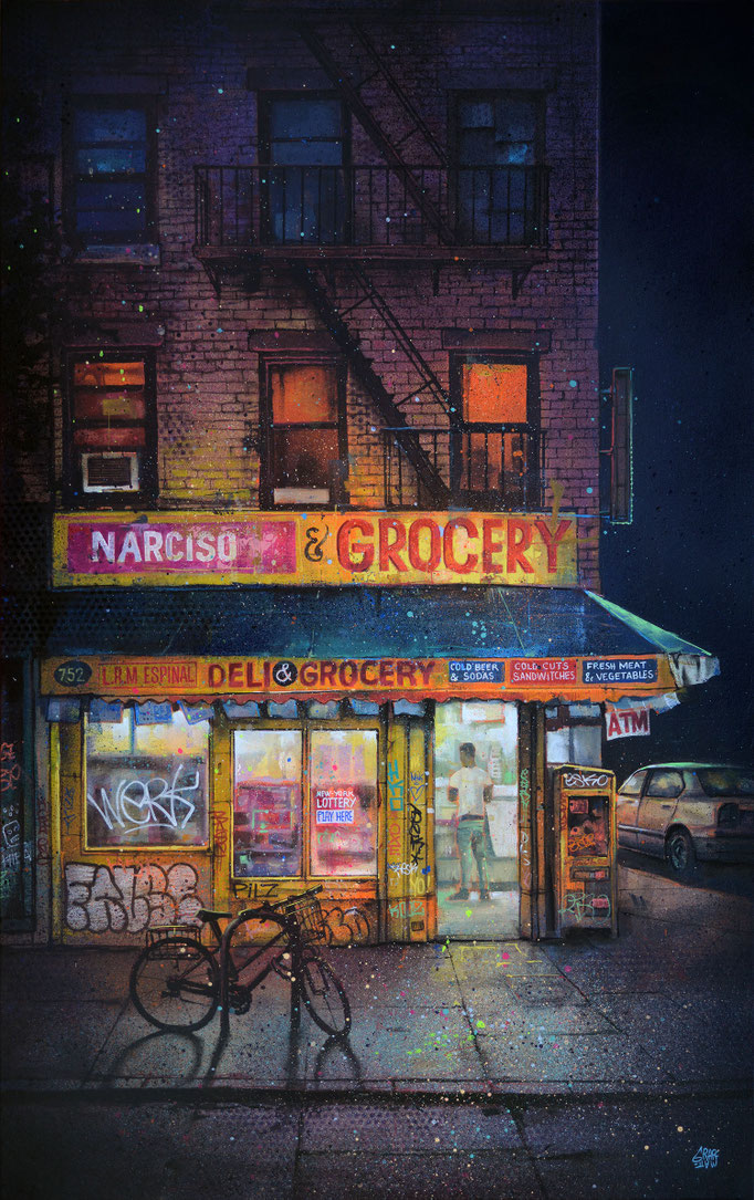 <b>EVENING SHOPPING</b><br>116 x 73 cm<br><a href="https://www.urbaneez.art/fr/artworks/evening-shopping" ; style="color:#49bfc0;" target="_blank">Disponible</a><alt="art contemporain urbain store front shop night new-york city cityscape grocery">