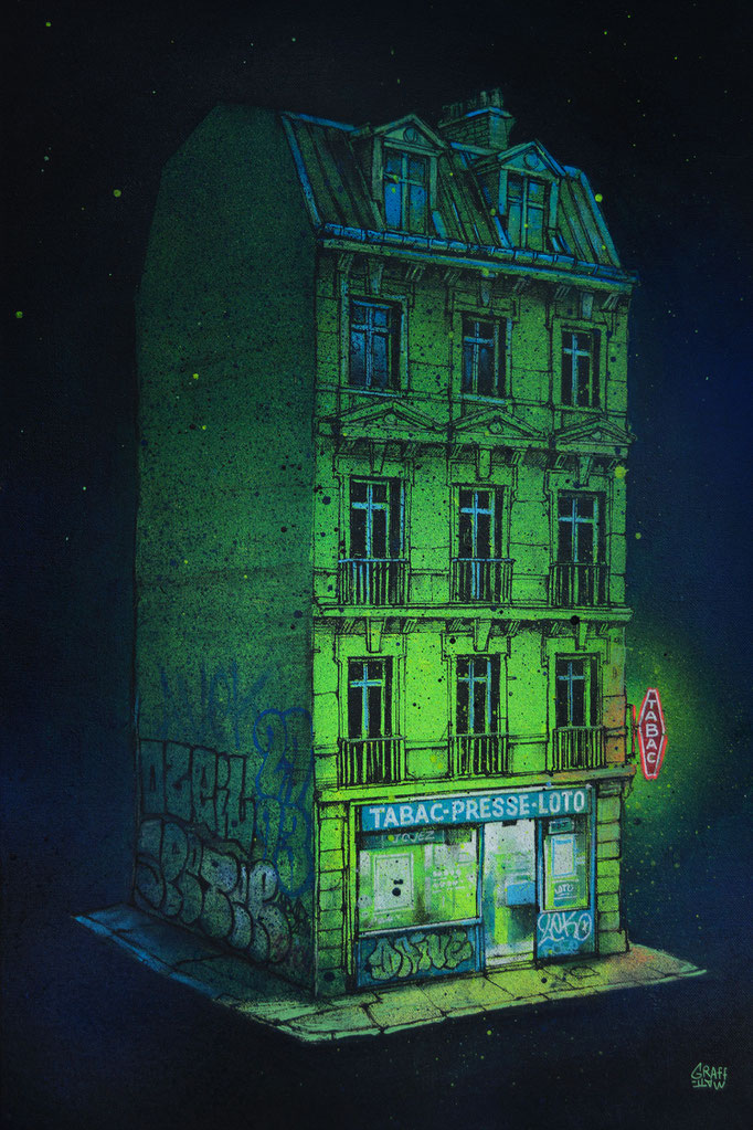<b>TABAC PRESSE LOTO</b><br>60 x 40 cm<br><a style="color:#db6464;">Vendu</a><alt="street-art graffiti artiste tableau peinture paysage urbain scène urbaine graffmatt art contemporain realism night scène de rue nuit Paris architecture devanture éclairée">