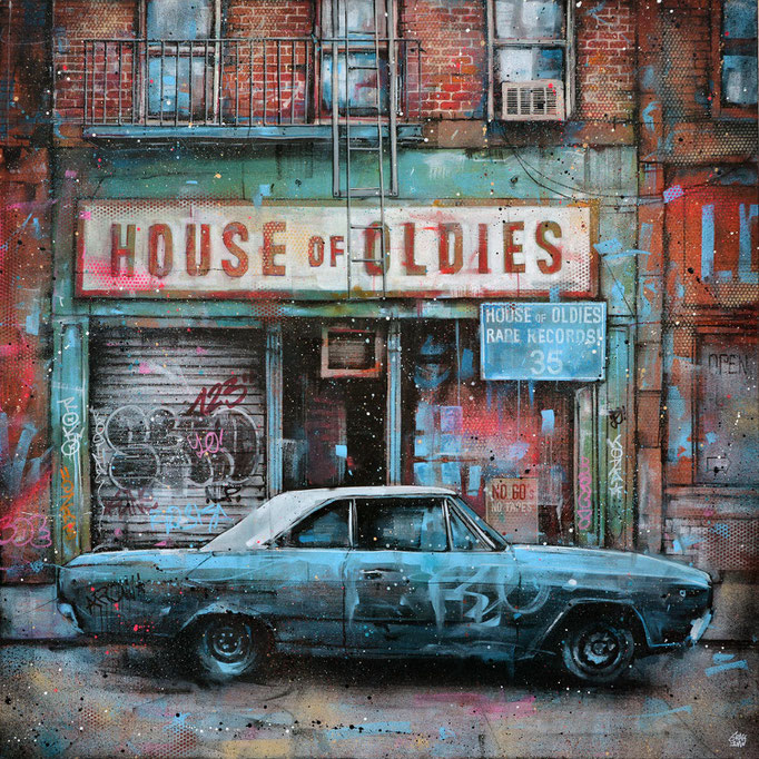 <b>HOUSE OF OLDIES</b><br>100 x 100 cm<br><a style="color:#db6464;">Vendu</a><alt="storefront illustration art urbain facade vintage rue newyork city wall shopfront shop front scene urbaine street immeuble deco tableau œuvre originale ville usa ">