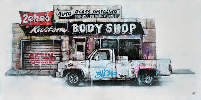 art tableau contemporain paysage usa pick-up van voiture desert americain amérique etats-unis paysage urbain scène urbaine œuvre d'art