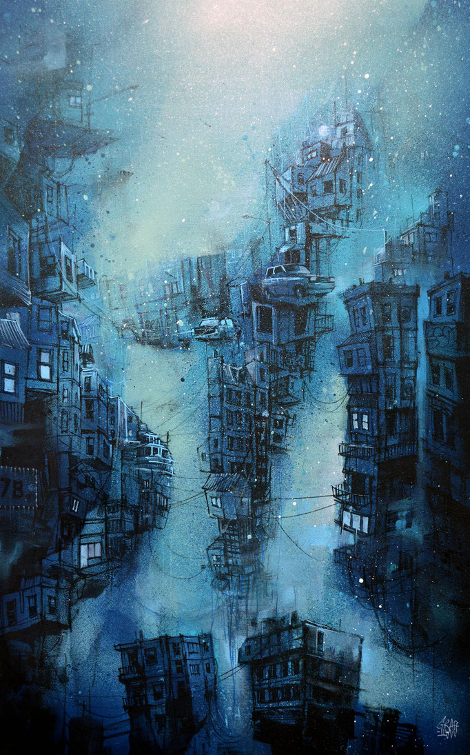 <b>UNDERWATER CITY</b><br>68 x 31 cm<br><a style="color:#db6464;">Vendu</a><alt="art peinture urbaine contemporain ville sous l'eau cité fantastique ocean mer fond>