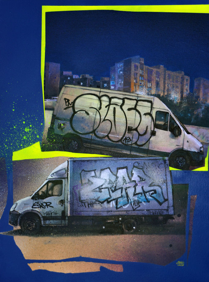 art peinture streetart graffiti artiste scène urbaine camion tagué graffmatt achat toile painting