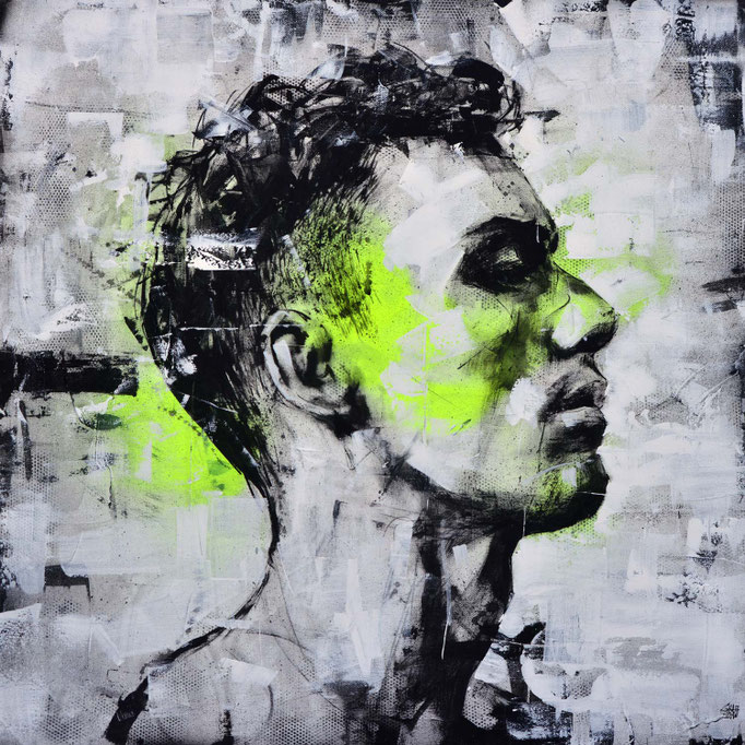 Sart contemporain man homme portrait noir et blanc vert tableau portrait male streetart graffiti art