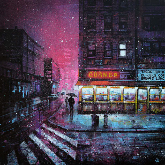 Rart artiste streetart french newyork building storefront shopfront store front painting peinture urbain street scene new-york city cityscape night shop