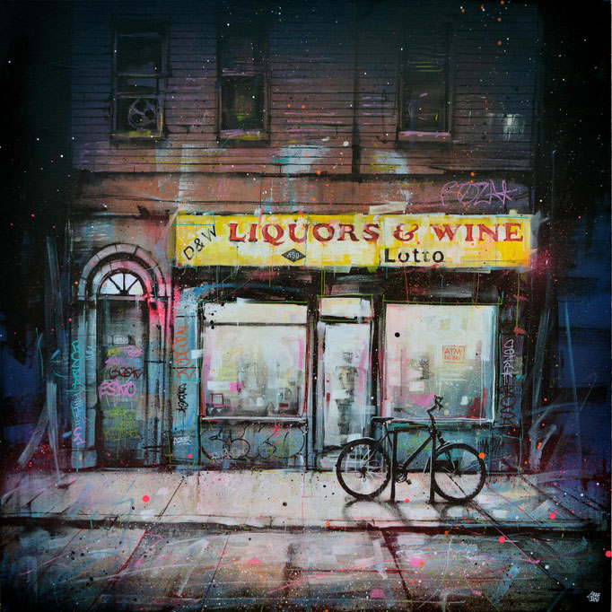art artiste streetart french newyork building storefront shopfront store front painting peinture urbain street scene new-york city cityscape night shop
