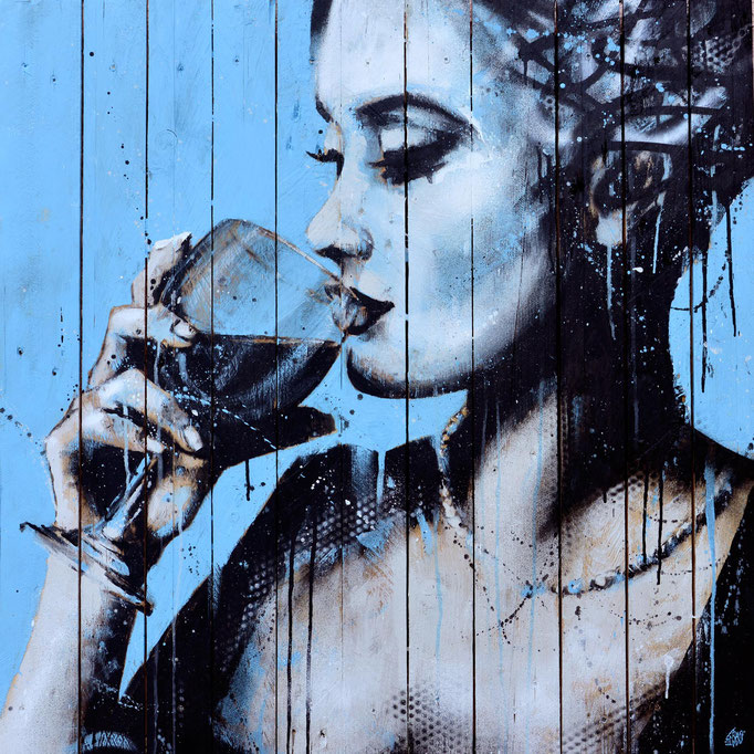 <b>SWEET PARFUME</b><br>80 x 80 cm<br><a style="color:#db6464;">Vendu</br></a> <alt="art artiste peintre contemporain portrait femme boit avec un verre de vin model peinture sur bois palette graffiti france déco graffiti art streetart graffmatt">