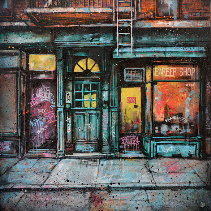 storefront illustration art urbain facade rue newyork city wall shopfront shop front scene urbaine street immeuble deco tableau œuvre originale ville usa streetart
