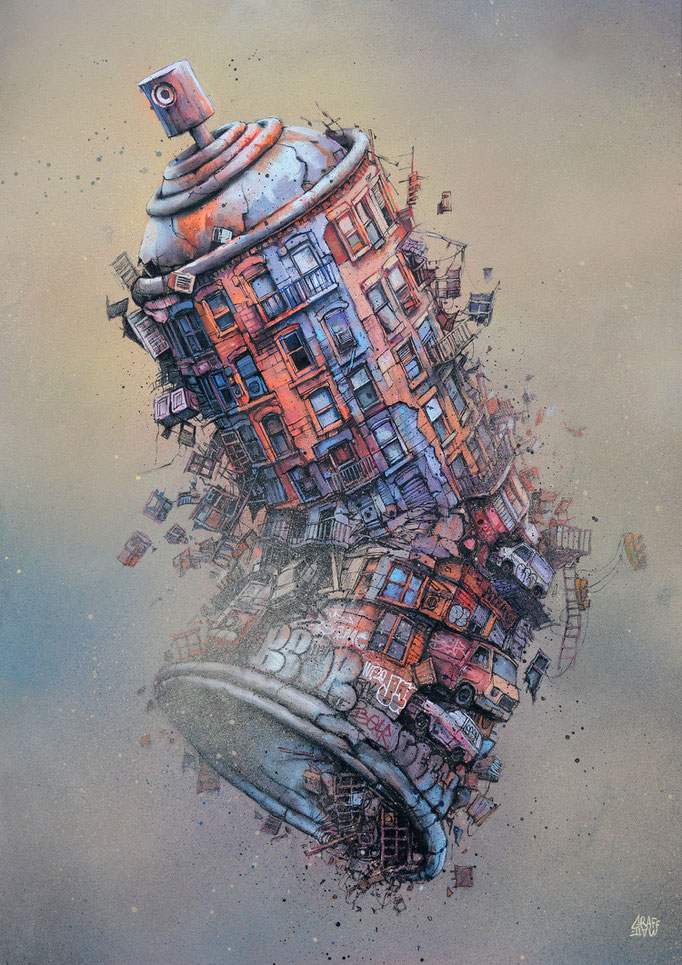 <b>OUT OF THE MIST</b><br>93 x 73 cm<br><a style="color:#db6464;">Vendu</a><alt="street-art graffiti artist graffmatt art contemporain spray can graffiti mixed with architecture Surrealism floating building windows aerosol can bombe aérosol transformée">