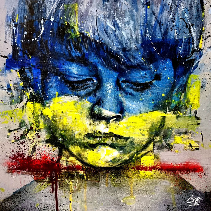 <b>BLEU JAUNE ROUGE</b><br>40x40 cm<br><a style="color:#db6464;">Vendu</a><alt="peinture art streetart painting drawing graffmatt ukraine child war enfant ukrainien guerre soutien save the children russie putin poutine Volodymyr Zelensky otan Kiev">