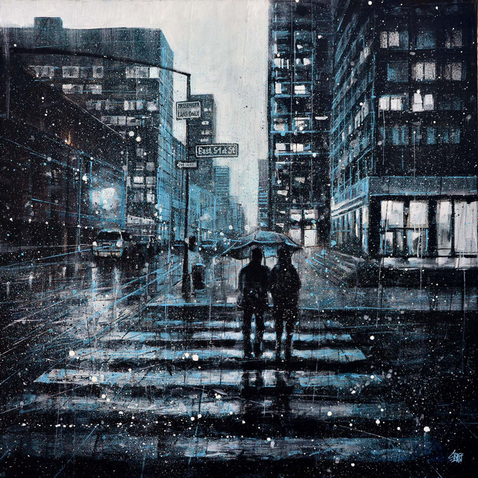 <b>MOONLIGHT DRIVE/b><br>80 x 80 cm<br><a style="color:#db6464;">Vendu</br></a> <alt="art peinture newyork ville art urbain scène urbaine rue New-York painting peinture d'art contemporain urbain street scene cityscape paysage urbain">