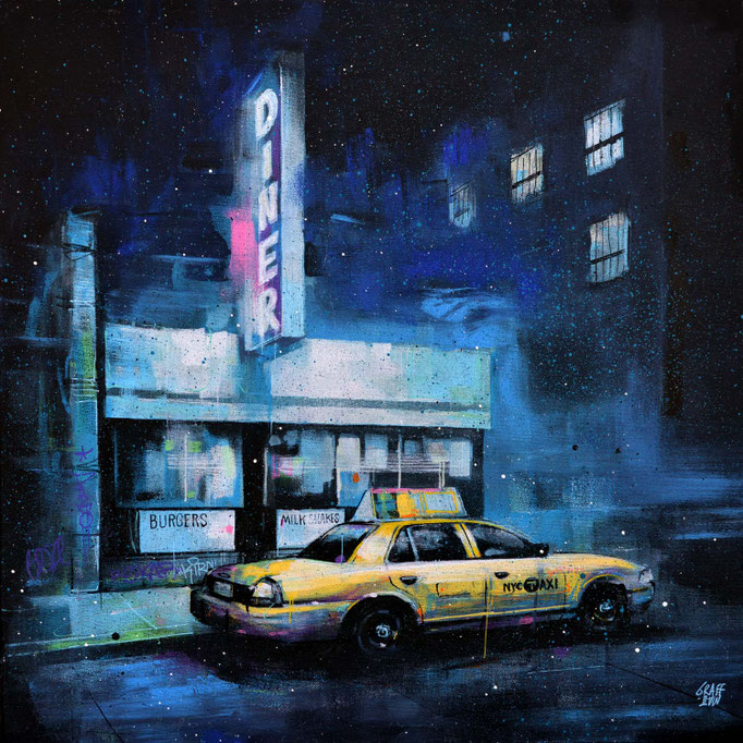 tableau art contemporain ville newyork peinture painting nuit night taxi bleu nocturne graffiti urbain streetart savoie chambery graffmatt