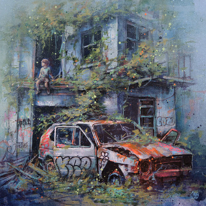 <b>NATURE BOY</b><br>50 x 50 cm<br><a style="color:#db6464;">Vendu</a><alt="graffmatt peinture lieu désaffecté végétation voiture tagué art moderne enfant innocent monde décomposition nature reprend ses droits abandon mélancolie espoir avenir">