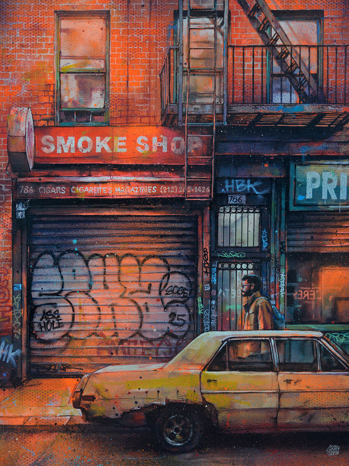 <b>9th Ave SMOKE SHOP</b><br>80 x 60 cm<br><a href="https://www.urbaneez.art/fr/artworks/9th-avenue-smoke-shop" ; style="color:#49bfc0;" target="_blank">Disponible</a><alt="art contemporain urbain storefront new-york cityscape peinture devanture store">