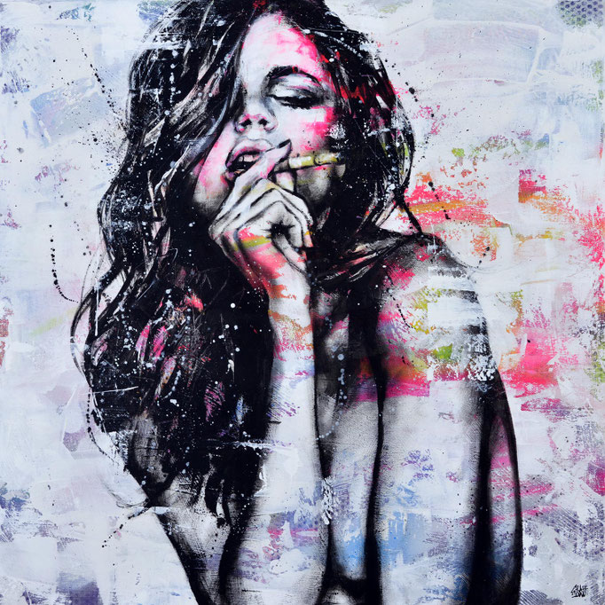 tableau d'art contemporain streetart graffiti posca portrait femme fume cigarette deco œuvre originale couleur moderne deco originale pop popart