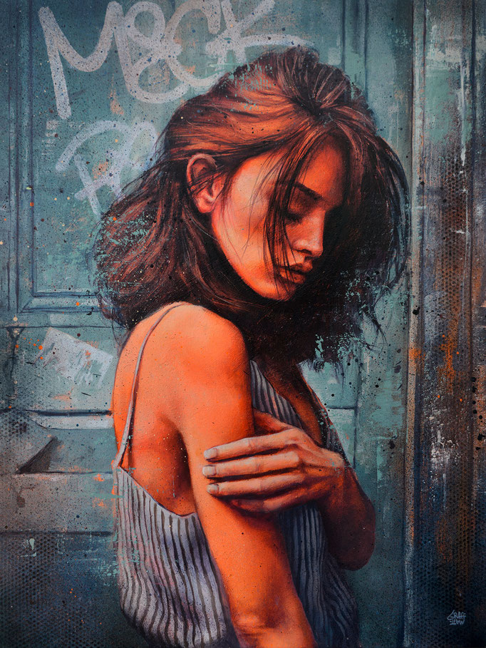 <b>DEEP FRAGILITY</b><br>80 x 60 cm<br><a style="color:#db6464;">Vendu</a><alt="tableau portrait femme réaliste dans une rue taguée graffiti grunge texture moderne art urbain streetart graffmatt streetart">