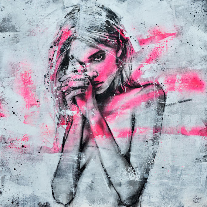art tableau streetart portrait femme peinture toile rose fluo fashion painting girl