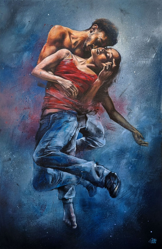œuvre d'art contemporain urbain portrait couple danseurs street-art peinture danse contemporaine graffiti art tableau original dancing man and woman love mouvement émotion artiste peintre urbain streetart