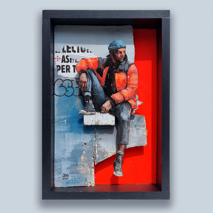 <b>GET UP HIG</b><br>43 x 29 cm<br><a style="color:#db6464;">Vendu</a><alt="street-art graffiti artiste tableau peinture homme de couleur assis rue street art urbain scène urbaine graffiti graffmatt œuvre en volume bois 3D">