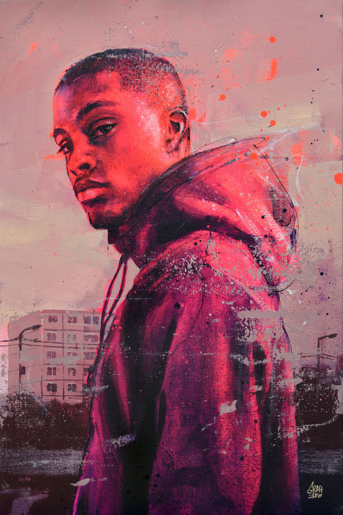 GRAFFMATT Street artiste France - Demain C'est Loin œuvre d'art contemporain urbain graffiti portrait enfant rue cité banlieue streetart garçon portrait urbain graff graffmatt tableau d'art urbain original