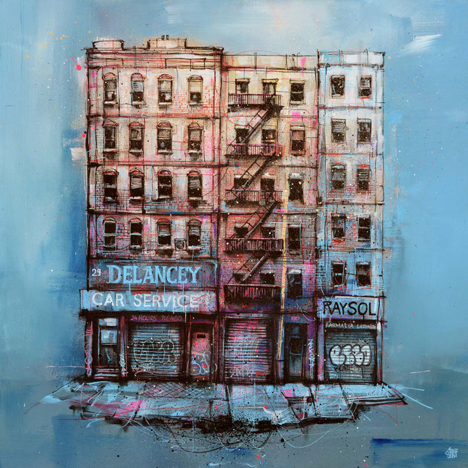 storefront illustration art urbain facade rue newyork city wall shopfront shop front scene urbaine street immeuble deco tableau œuvre originale ville usa streetart