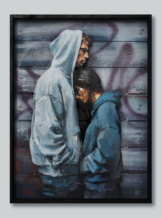 <b>SÉQUELLES</b><br>80 x 60 cm<br><a style="color:#db6464;">Vendu</a><alt="street-art graffiti artiste tableau peinture couple homme femme rue street art urbain scène urbaine graffiti graffmatt œuvre en volume bois 3D">