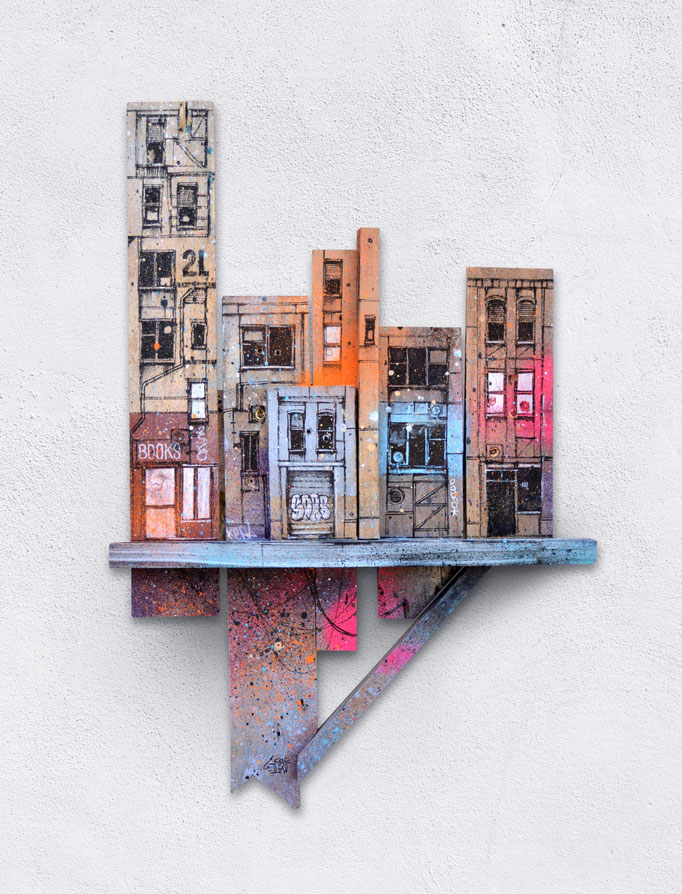 <b>STREET TERRACE</b><br>56 x 37 cm<br><a style="color:#db6464;">Vendu</br></a><alt="art peinture streetart urbain ville sculpture urbaine contemporain bois palette>