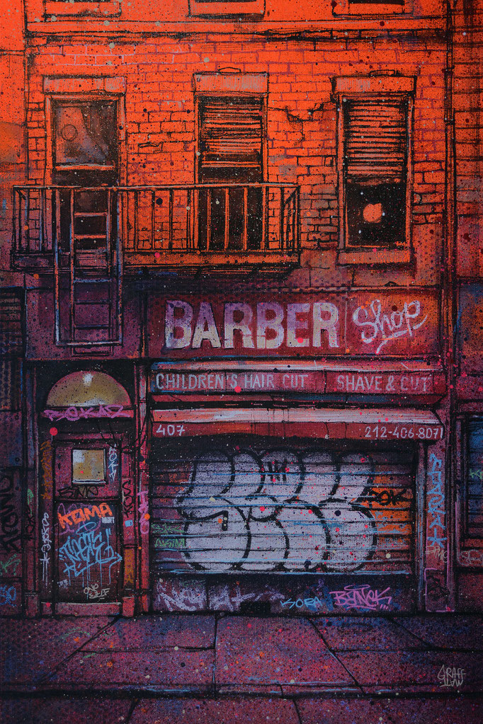 <b>BARBER SHOP</b><br>60 x 40 cm<br><a style="color:#db6464;">Vendu</a><alt="tableau art contemporain urbain devanture tagué ville peinture urbaine scène urbaine urban street scene graffiti artist artiste peintre muraliste chambéry savoie">