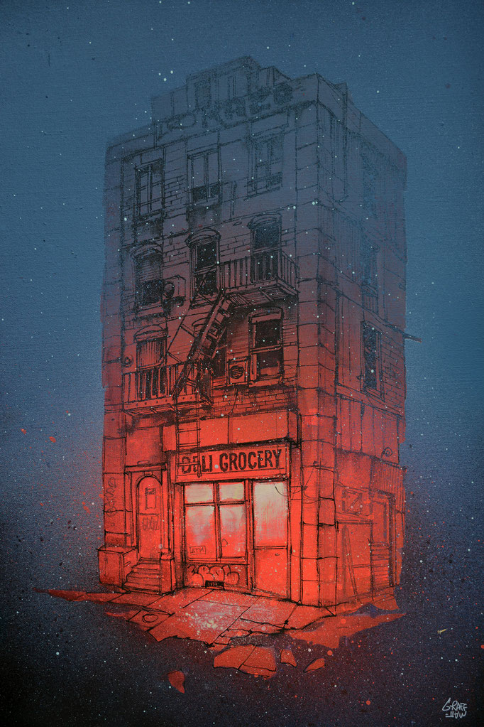 <b>BEHIND THE MIST</b><br>60 x 40 cm<br><a style="color:#db6464;">Vendu</a><alt="tableau art contemporain urbain New-york immeuble facade urbaine graffmatt achat œuvre d'art de rue streetart painting street scene scène urbaine nocturne nuit">